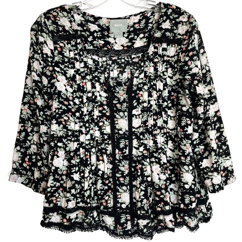 Maeve by Anthropologie Black/Pink Floral Print Tucked Crochet Trim Blouse Sz 8